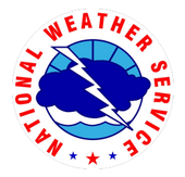 National Weather Service logo: Blue clouds, lightning, globe, and red text.