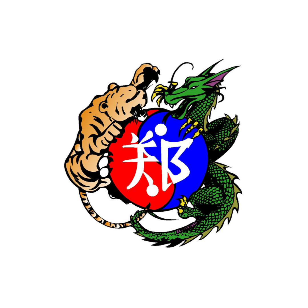 Blue and red circular emblem with a white character, flanked by a tiger and green dragon.