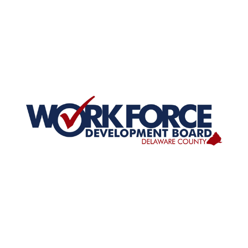 Workforce Development Board Delaware County logo in navy blue and red on white background