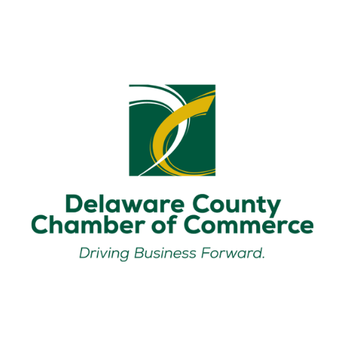 Delaware County Chamber of Commerce logo with green and gold abstract design and “Driving Business Forward” tagline
