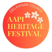 Orange circle logo for Delaware County AAPI Heritage Festival with white flowers and yellow text