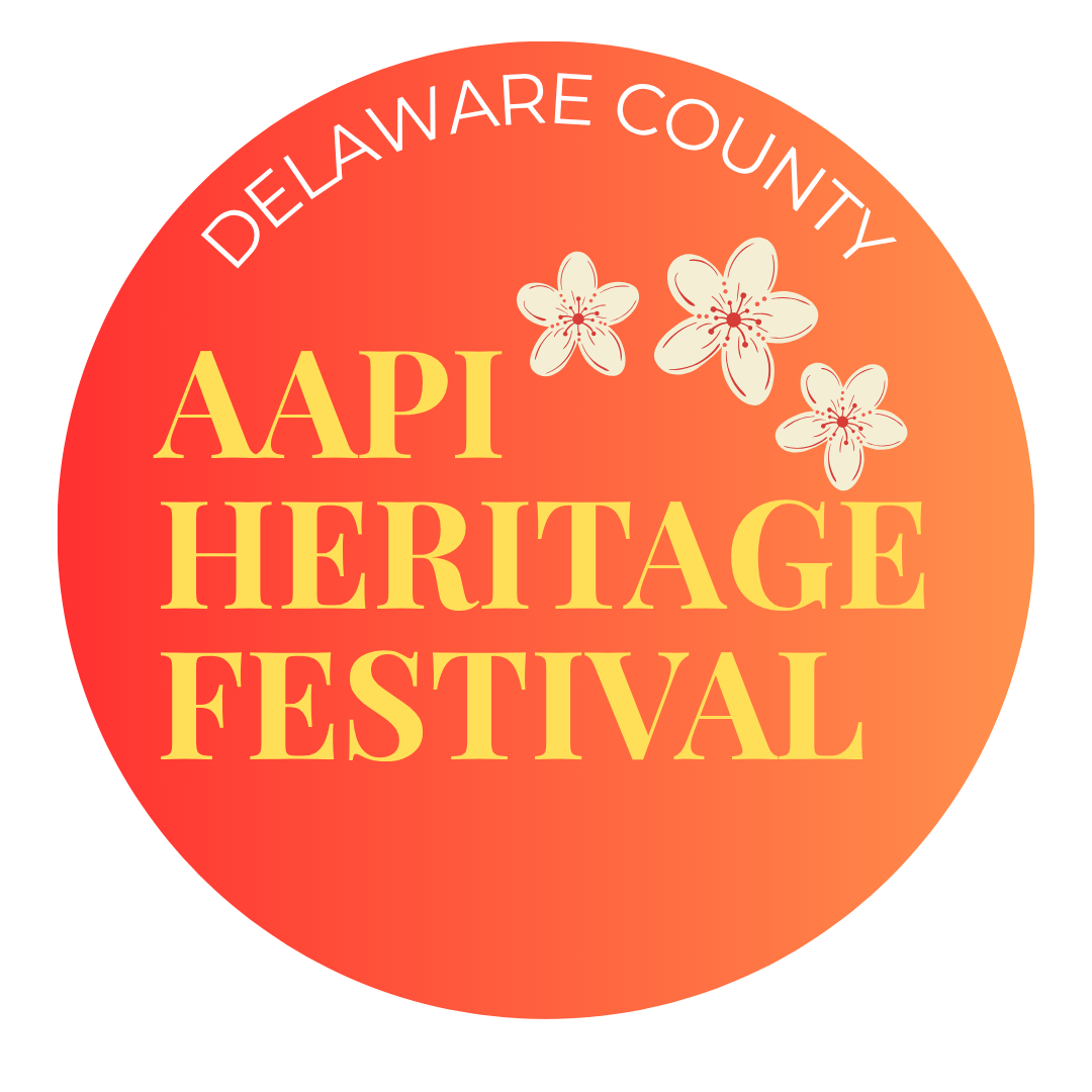 Orange circle logo for Delaware County AAPI Heritage Festival with white flowers and yellow text