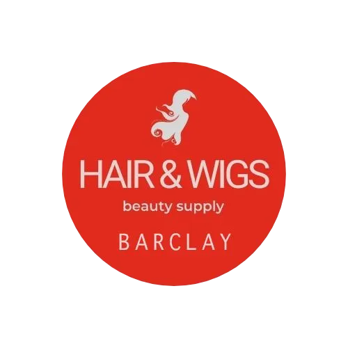 Red circular logo reading “HAIR & WIGS beauty supply BARCLAY” with a white silhouette at top