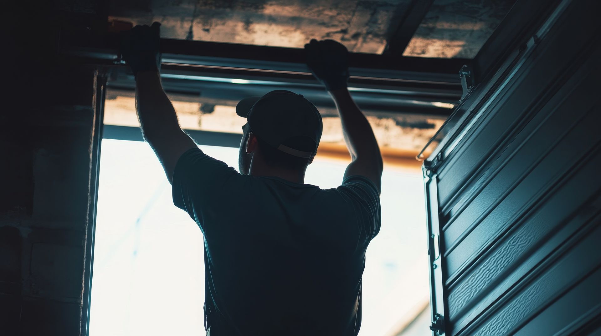 Silhouette of a person wearing a cap, working on a garage door frame, reaching upward.