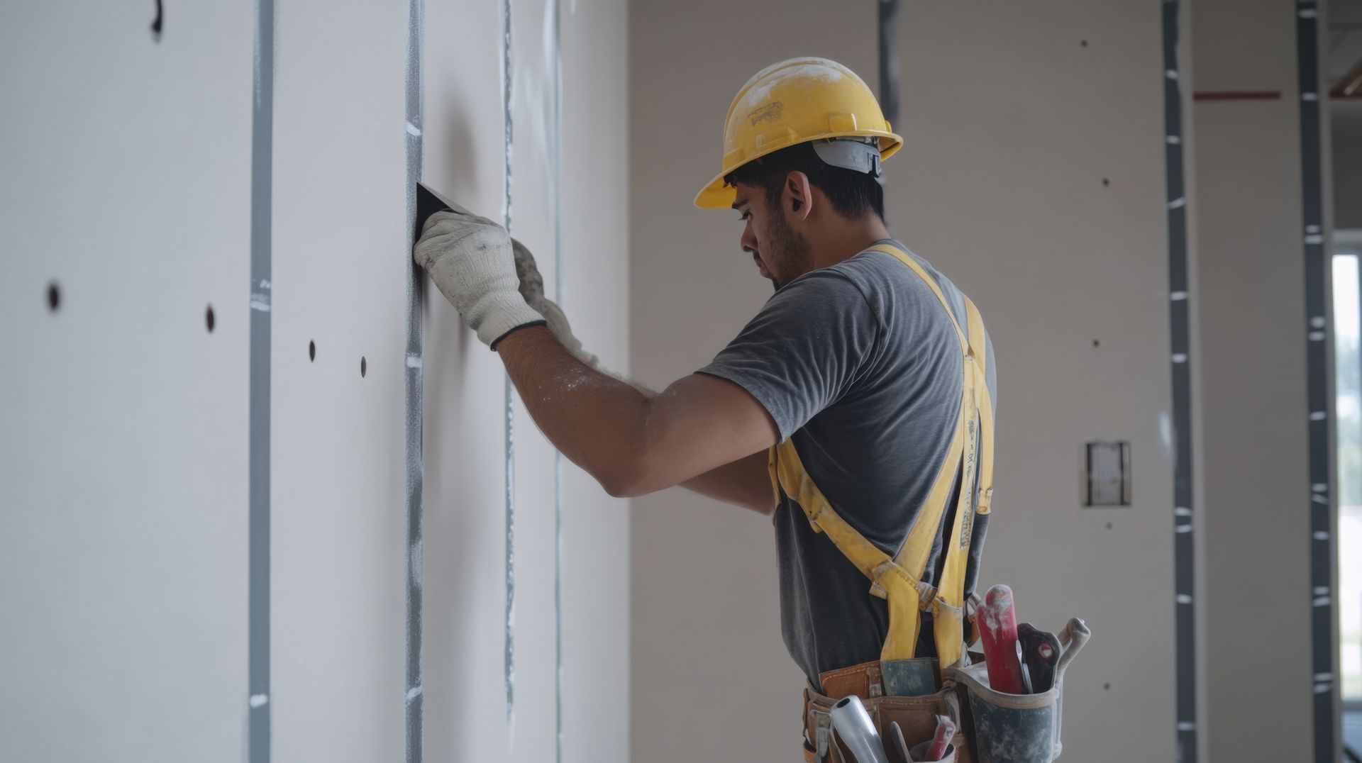 Construction worker in a yellow helmet, applying drywall mud to a wall.