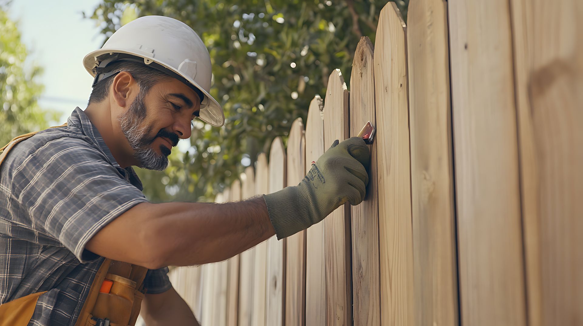 A construction worker paints a wooden fence outdoors, wearing a hard hat and gloves.