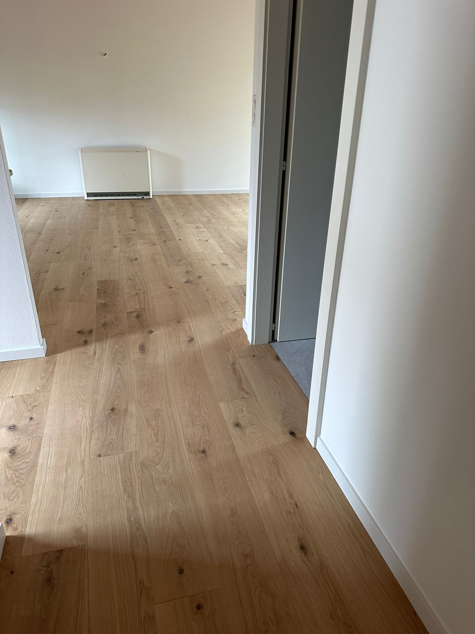 Un couloir avec du parquet et des murs blancs dans une maison.