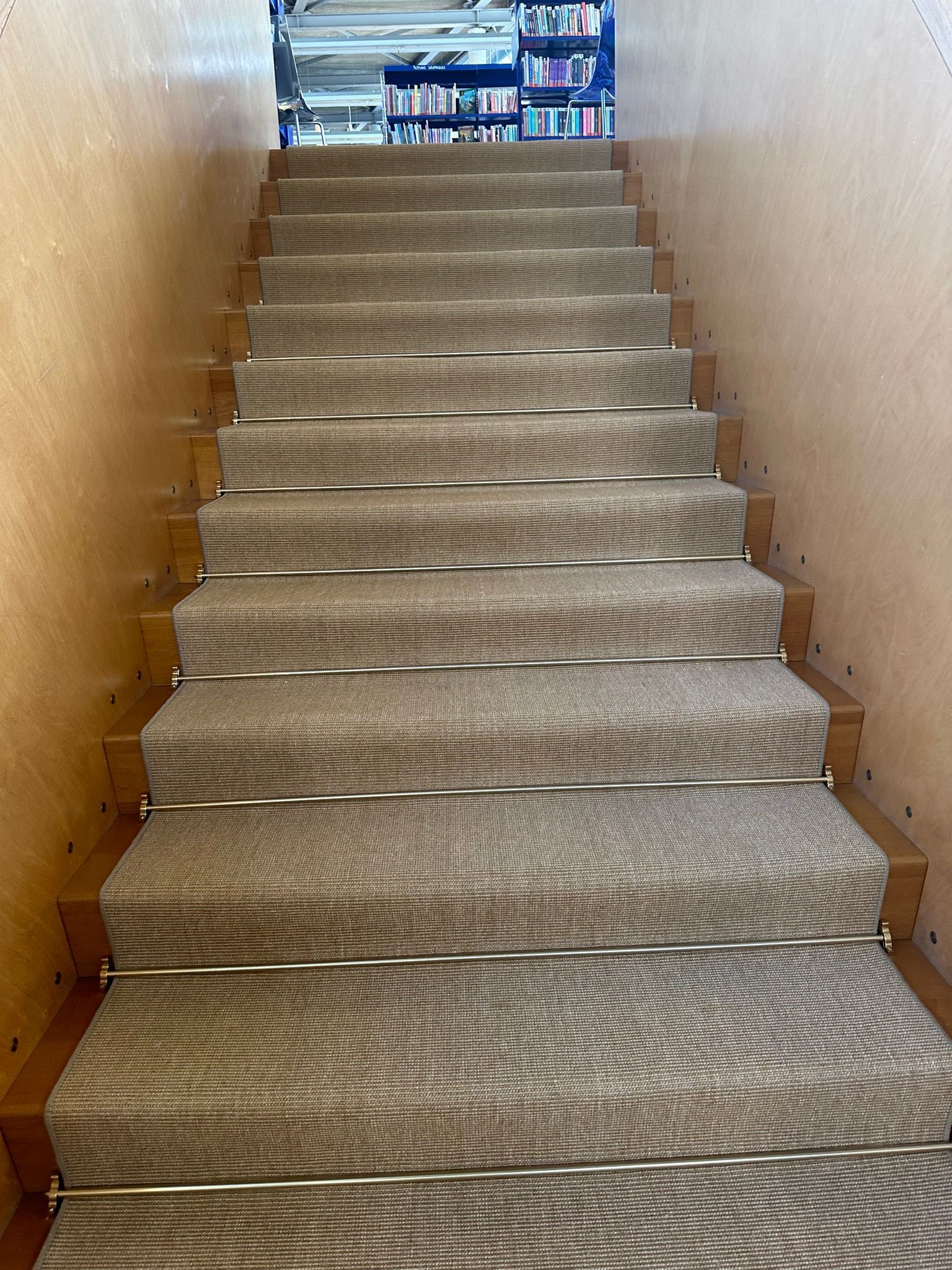 Un escalier recouvert d'un tapis menant à une bibliothèque.