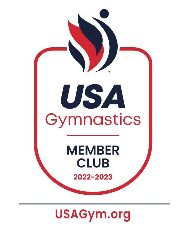 USA Gymnastics Member Club logo: red and blue flame over a rounded rectangle,