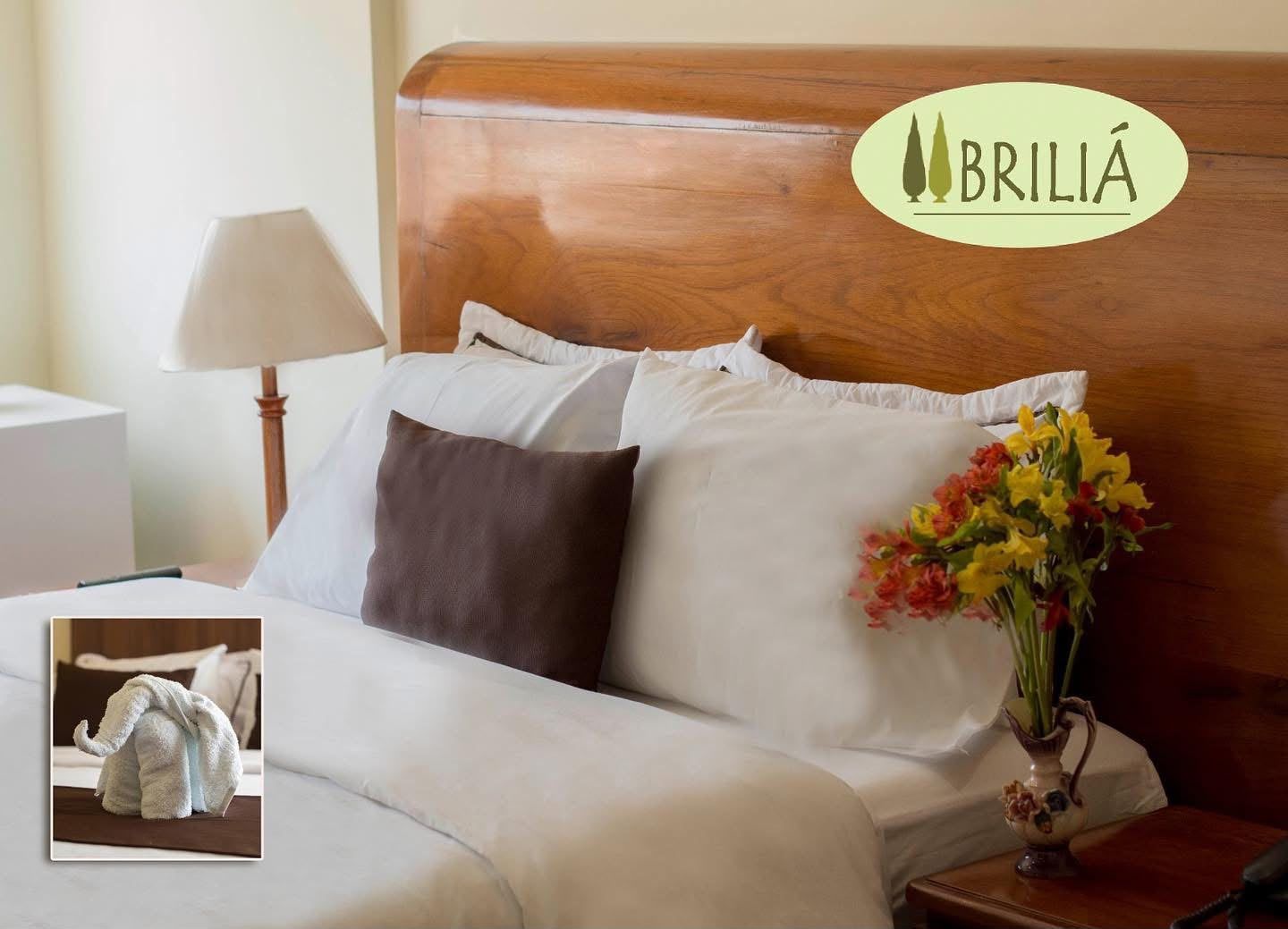 Cama bien hecha con ropa de cama blanca, almohadas marrones, cabecero de madera, lámpara