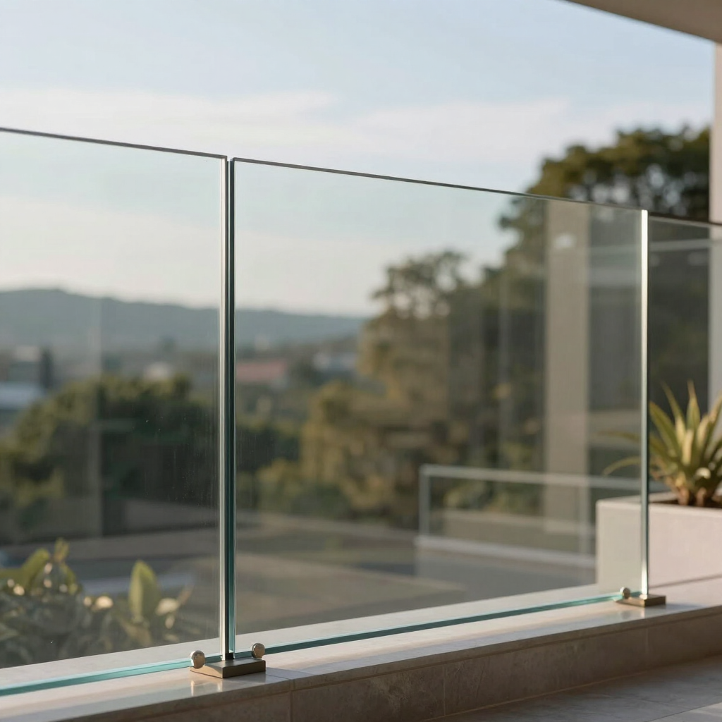 Glass balcony railing with city and hills in the background, in soft daylight