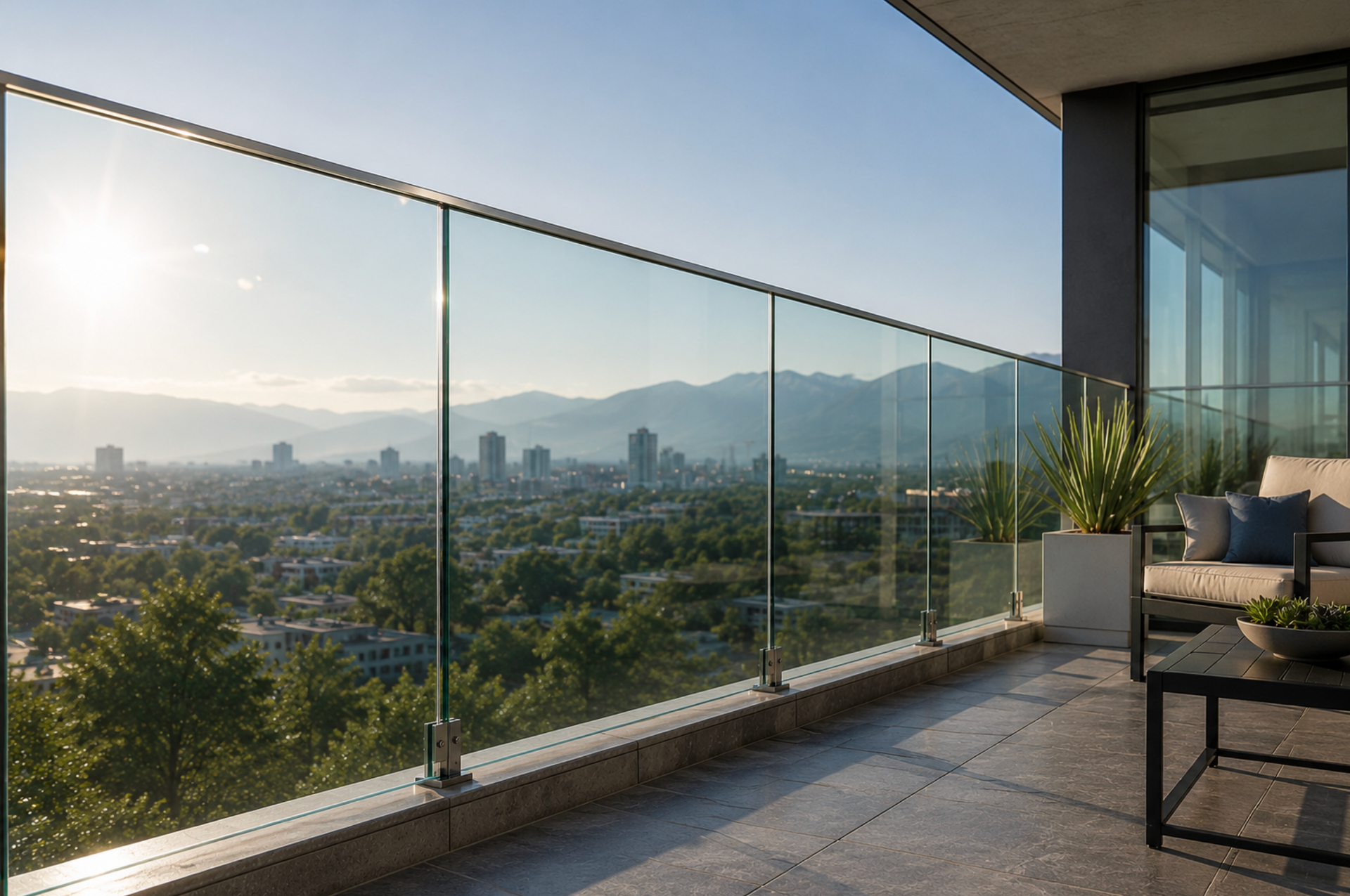 Modern balcony overlooking a city skyline and mountains at sunset