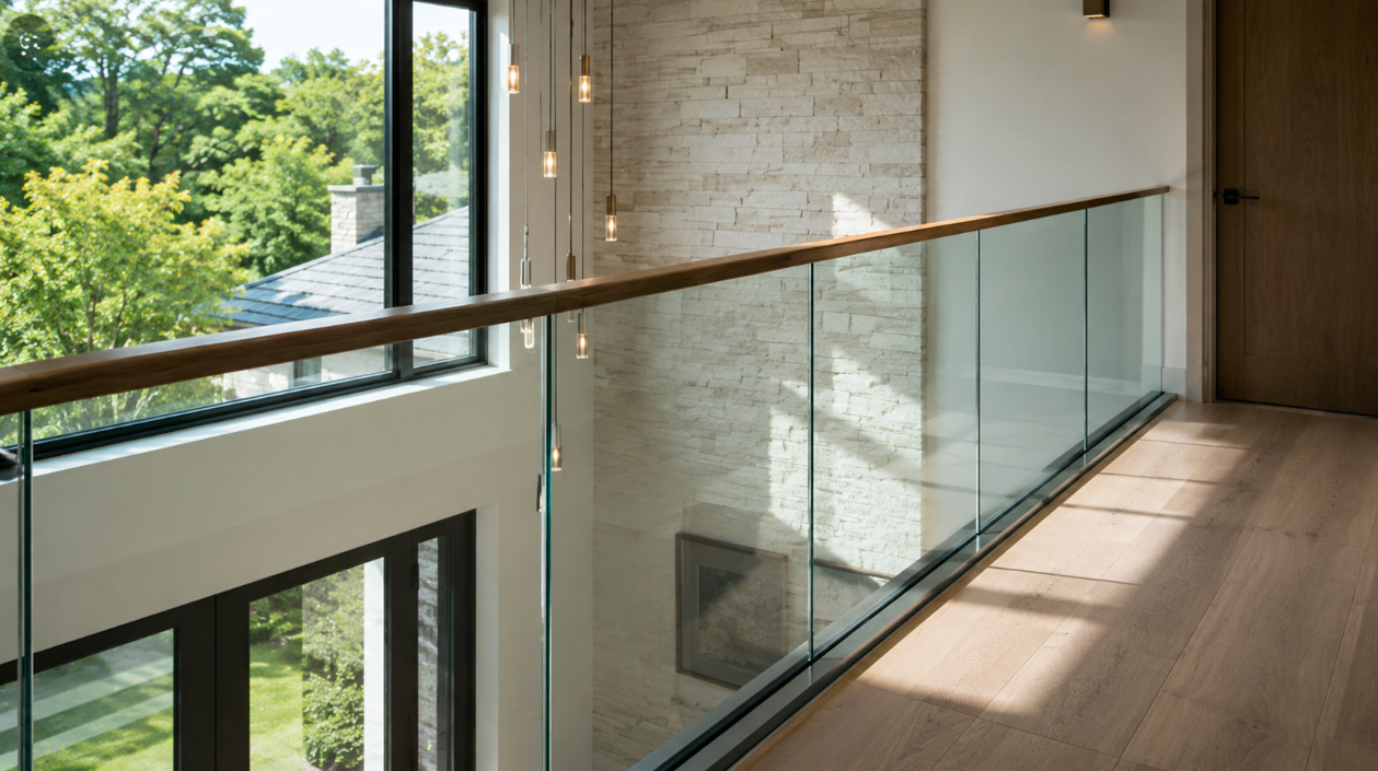 Modern hallway with glass railing, wooden floor, stone wall, and large windows overlooking green trees.