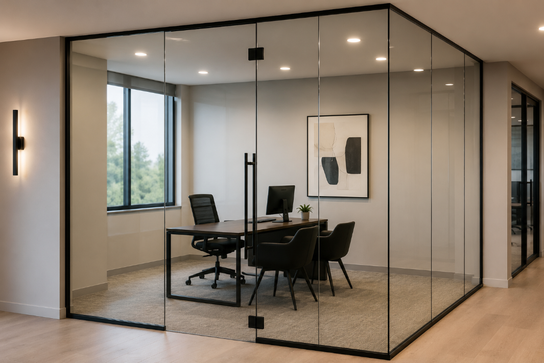Modern glass-walled office with a desk, chairs, and minimalist decor.