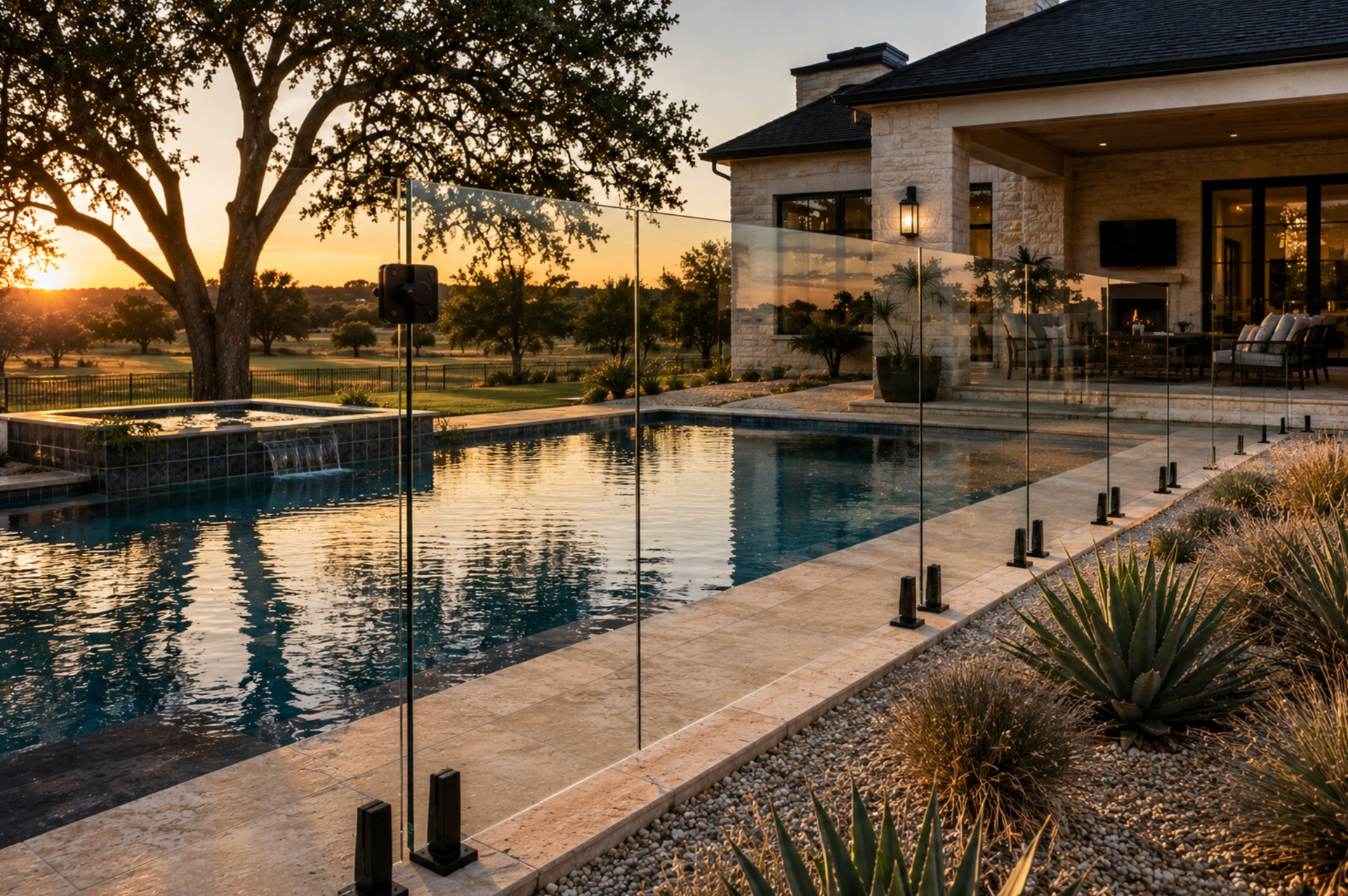 Luxury home patio with a swimming pool at sunset, reflecting trees and warm lights