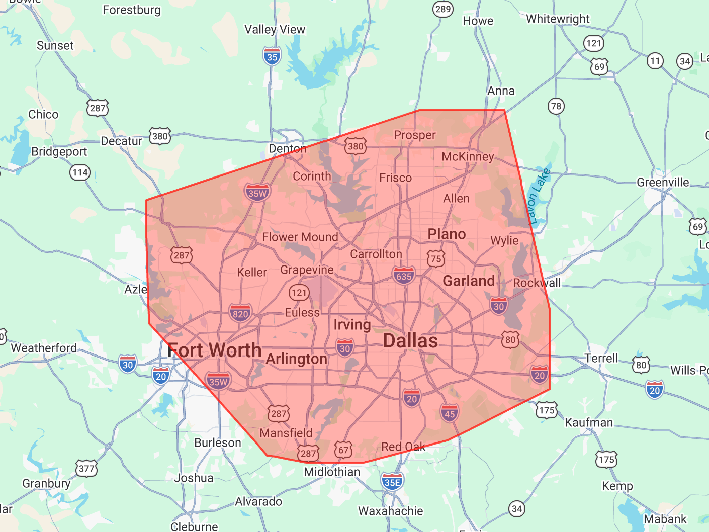 Red shaded map highlighting the Dallas–Fort Worth area on a regional road map.