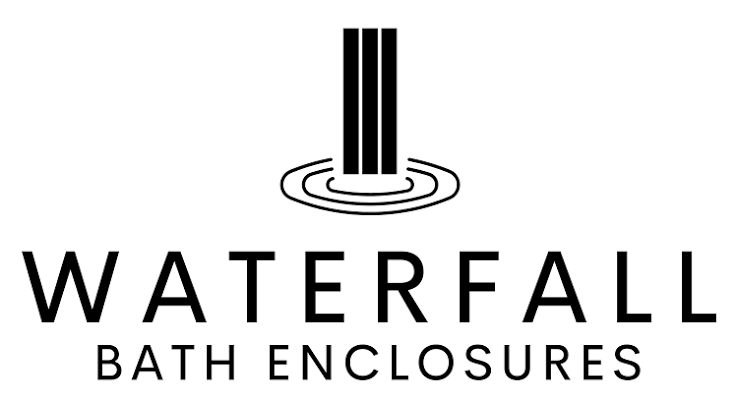 Waterfall Bath Enclosures logo with black stylized water graphic above the company name on white background