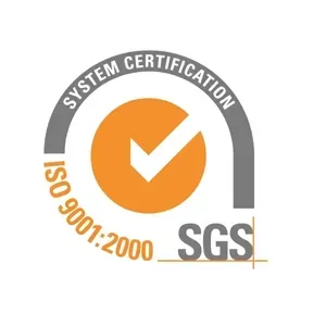 Um logotipo de certificação de sistema sgs com uma marca de seleção laranja