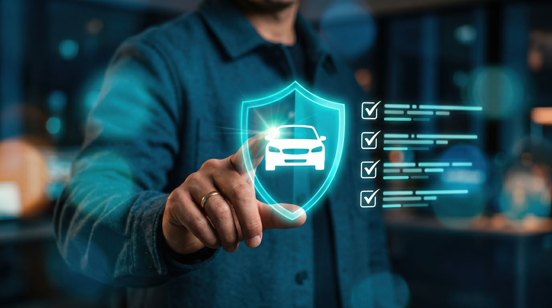 Person selecting a digital car insurance shield icon with coverage checklist. Person selecting a digital car insurance shield icon with coverage checklist.