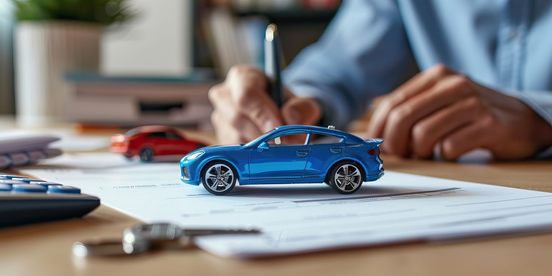 Blue toy car on insurance paperwork while a person signs documents at a desk.