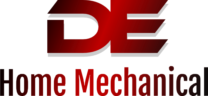 Logo: Red "DE" stacked over "Home Mechanical" text.