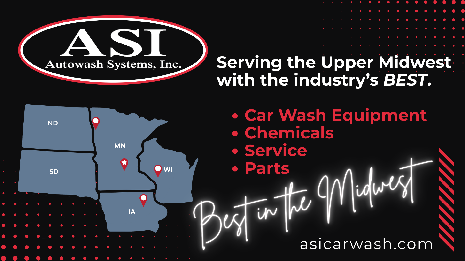 ASI Autowash Systems ad with Midwest map, red bullet list, and “Best in the Midwest” tagline on black background