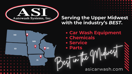 ASI Autowash Systems ad with Midwest map, red bullet list, and “Best in the Midwest” tagline on black background