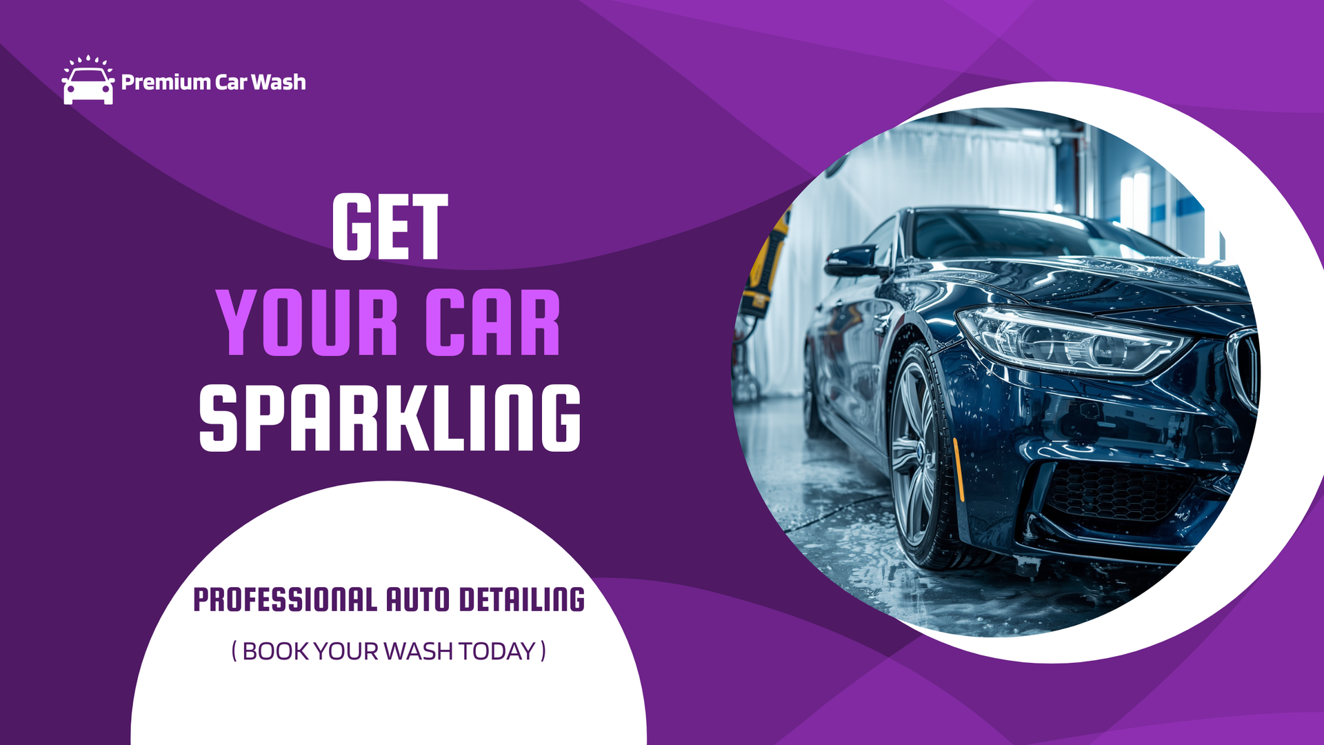 Purple car detailing ad with damaged car photo and text: “Get your car sparkling”