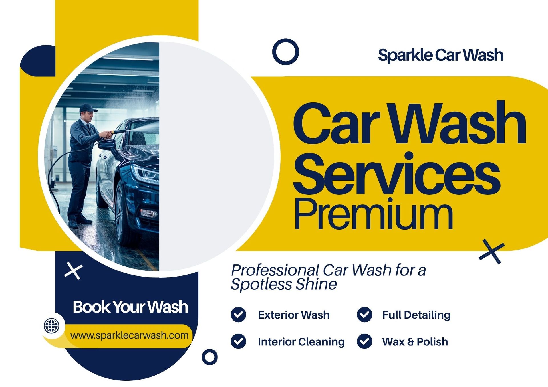 Car wash service ad with yellow and blue design, car being washed, and list of premium detailing services