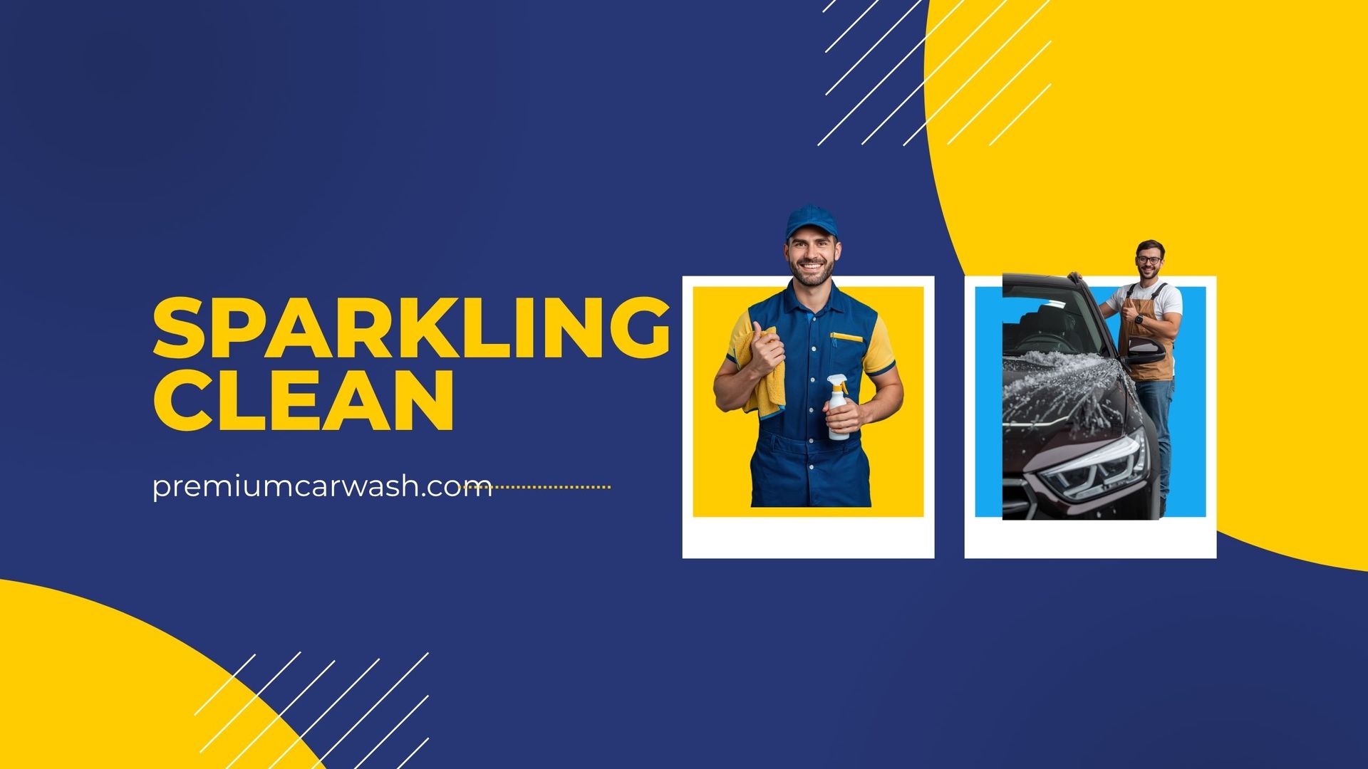 Yellow and blue car wash promo with a man holding spray bottle and a car photo on the right