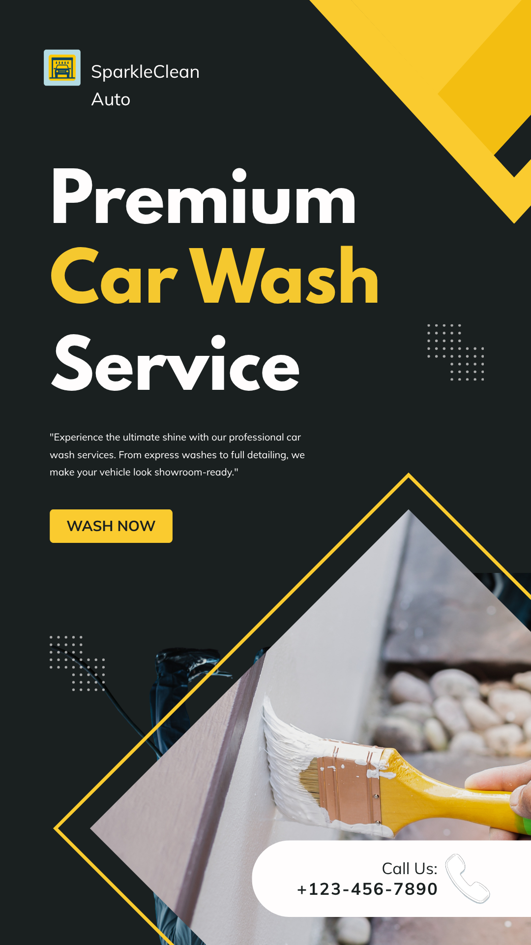 Premium car wash service ad in black and yellow with vacuuming car interior and call-to-action button