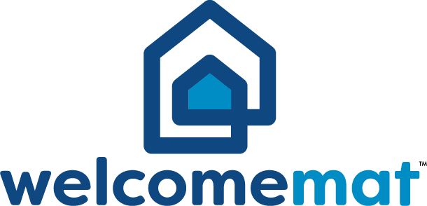 Welcomemat logo with blue house icon and wordmark on a white background