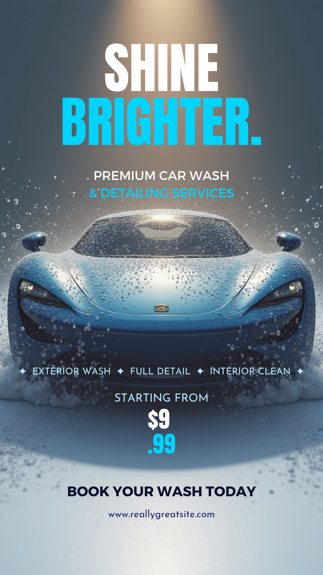 Blue sports car in a car wash ad with the text “Shine Brighter” and “Book your wash today”