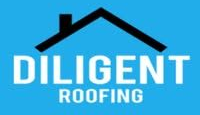 Logo for Diligent Roofing: black roof and chimney on blue background with white text.