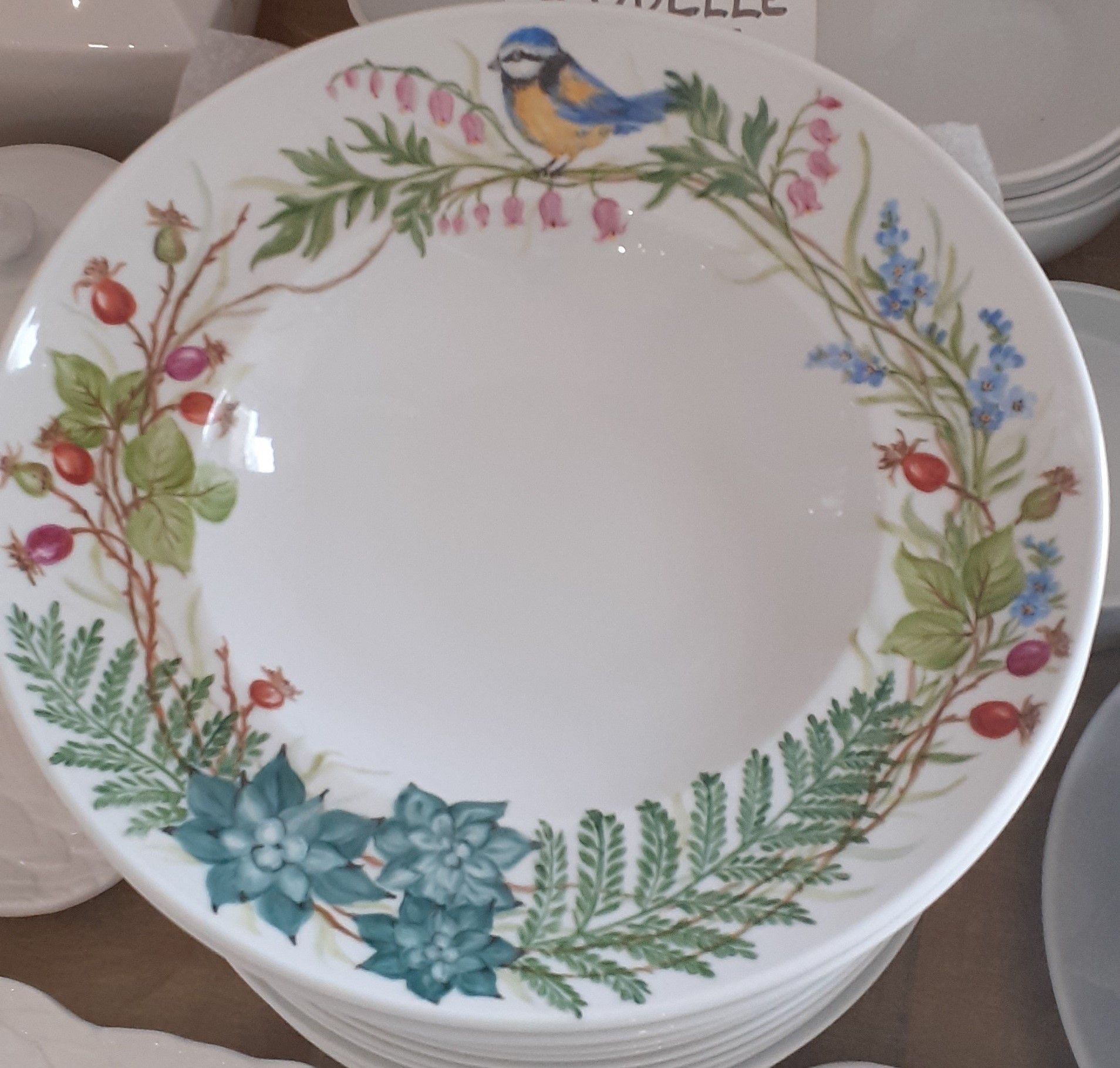 Ciotola in ceramica bianca con motivo floreale e di uccelli; colori blu, verde e rosa.