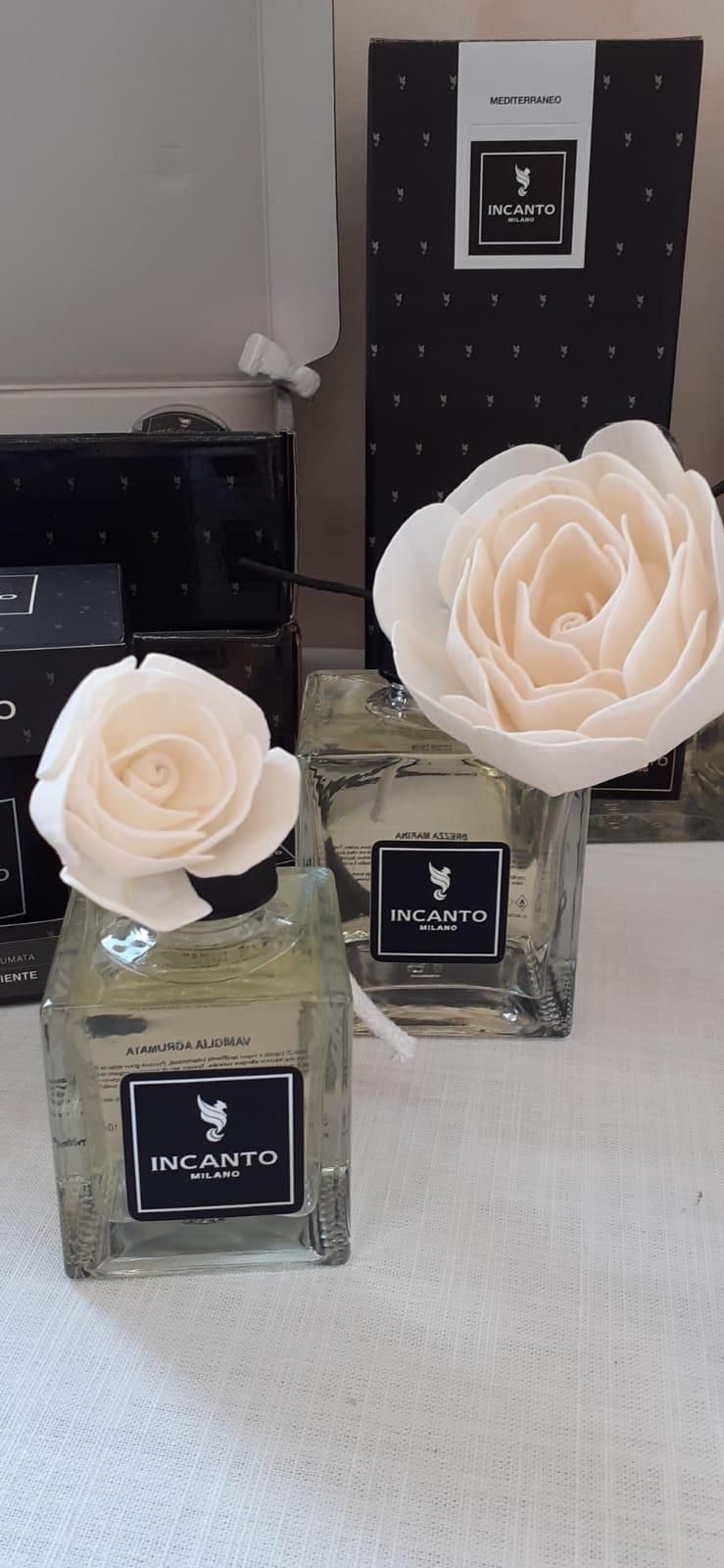 Due diffusori di fragranze in vetro con diffusori di fiori rosa chiaro, scatole sullo sfondo.