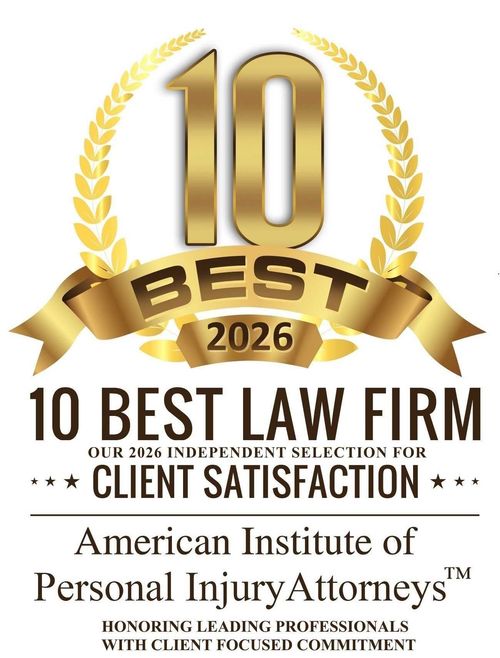 10 Best Law Firm 2026 award badge with gold laurel wreath and ribbon, client satisfaction emblem.