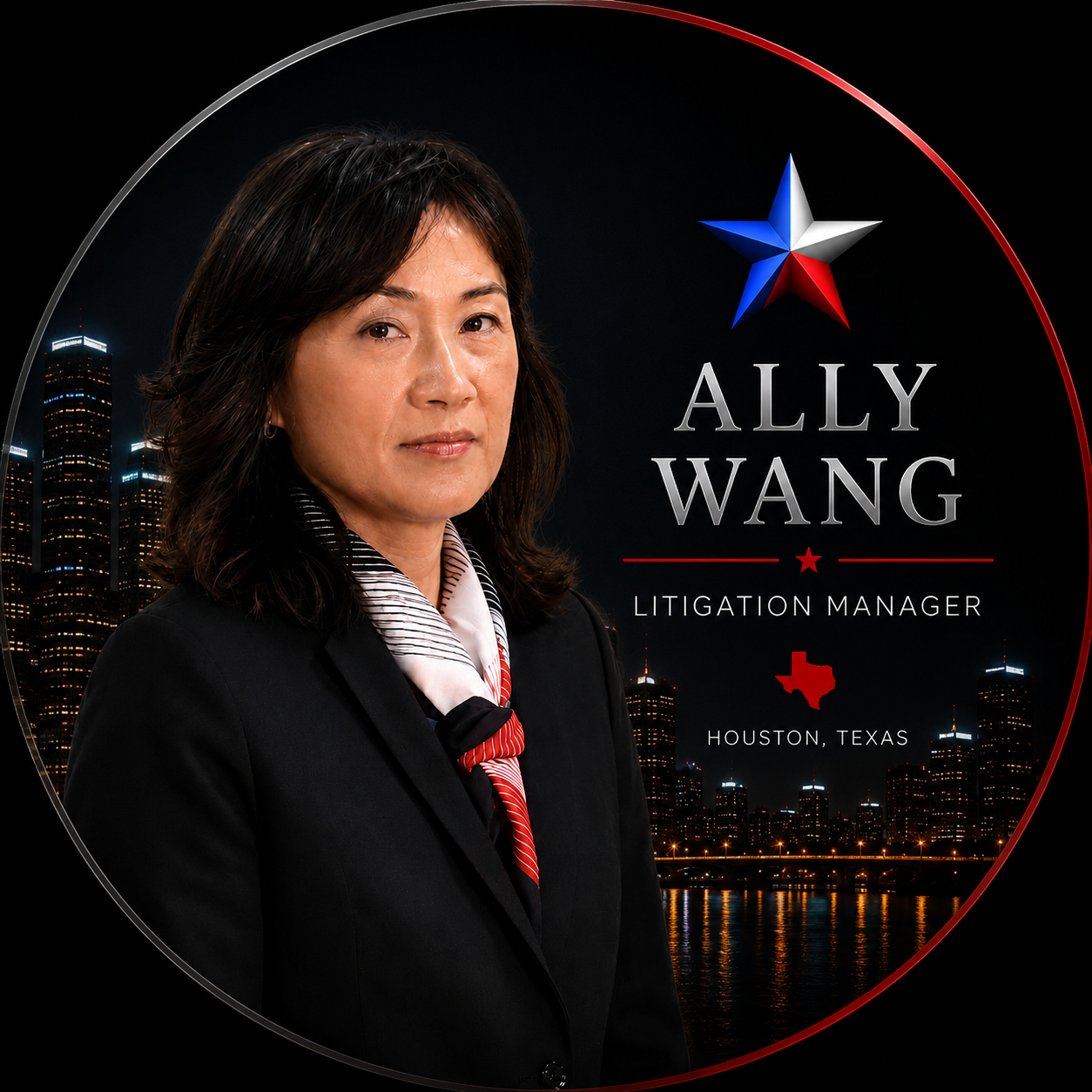 Portrait of Ally Wang, Litigation Manager, beside a red, white, and blue star logo on a dark city skyline background