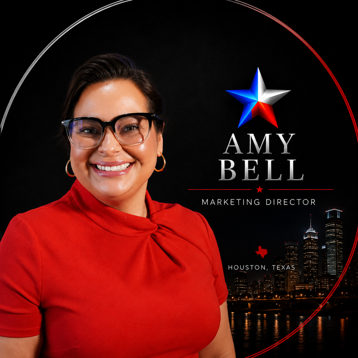 Smiling woman in red dress beside “Amy Bell” logo on dark city skyline background