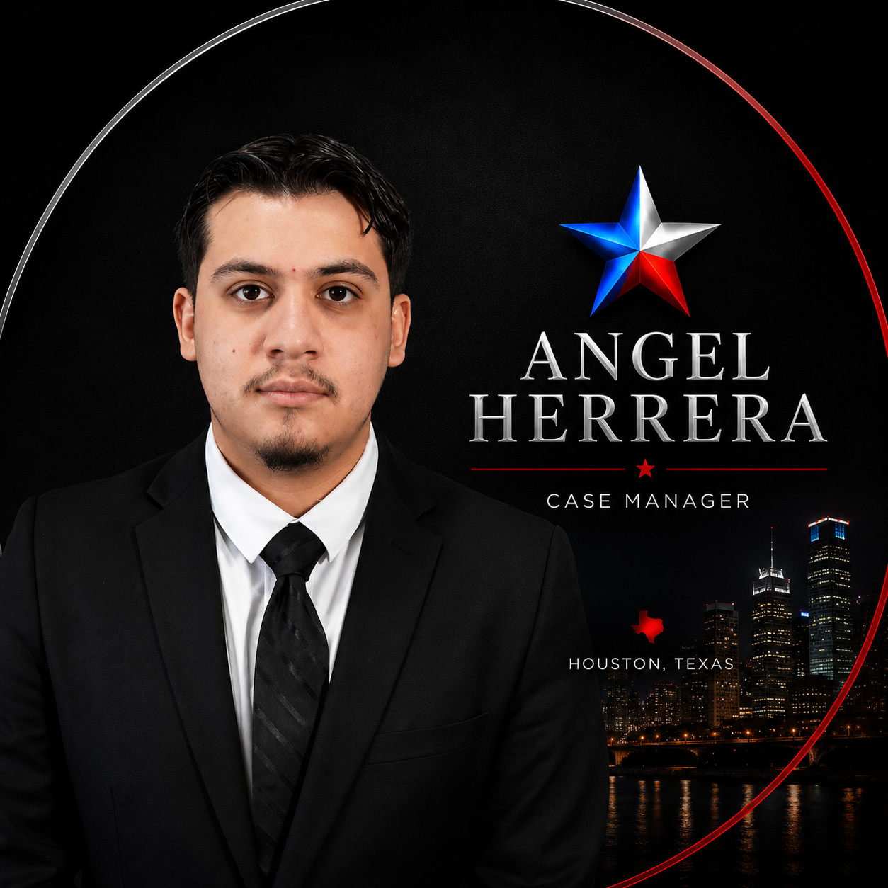 Formal portrait of Angel Herrera, case manager, in a black suit with city lights and star logo background