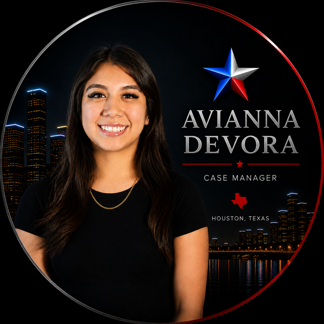 Portrait of Avianna Evora with star logo and city skyline on a dark background