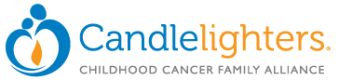 Candlelighters Childhood Cancer Family Alliance logo with blue candle and flame icon
