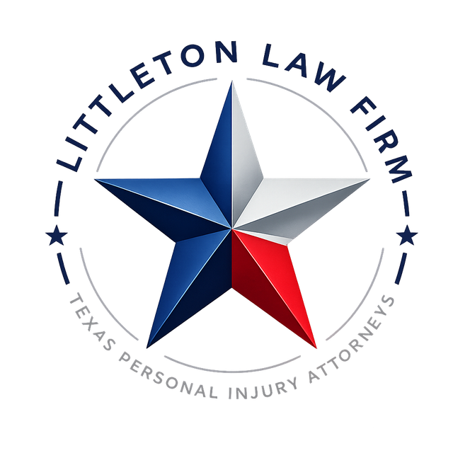 Littleton Law Firm logo with blue, gray and red star, and Texas personal injury attorneys text