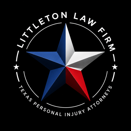Littleton Law Firm logo with a blue, silver, and red star and Texas personal injury attorneys text