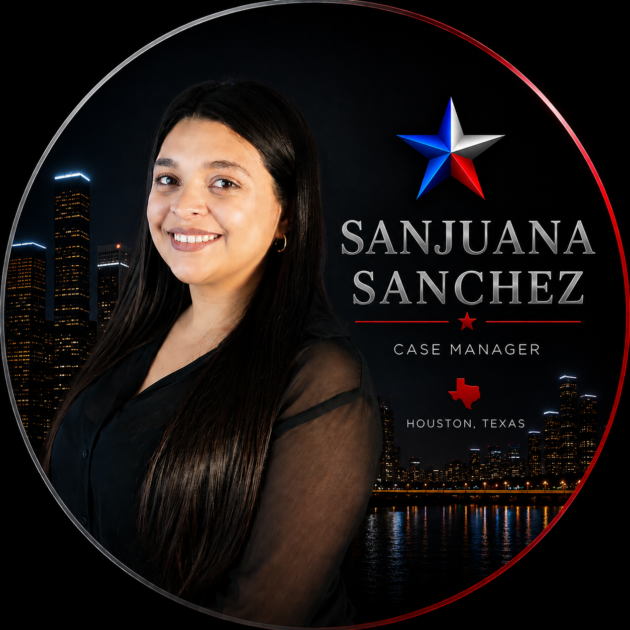 Portrait of Sanjuana Sanchez with city skyline, star logo, and “Case Manager” text on a dark background