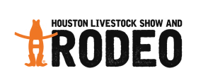 Houston Livestock Show and Rodeo logo with orange cowboy icon and black text