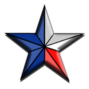 Stylized five-point star logo in blue, white, and red with black outlines