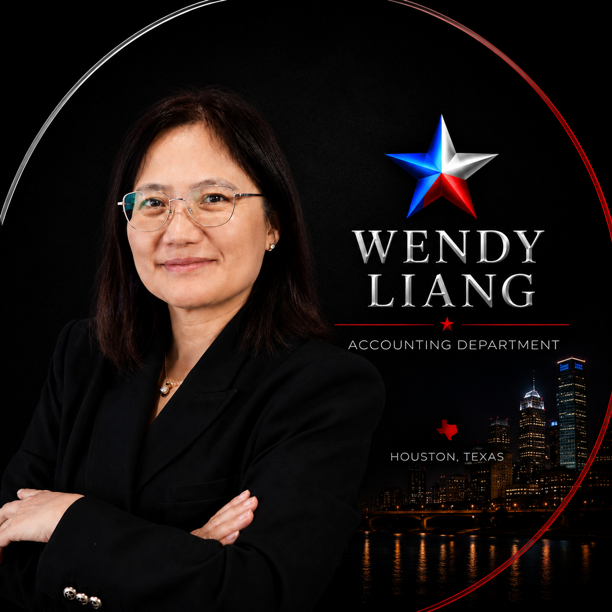Portrait of Wendy Liang in a black blazer beside her name and accounting firm logo on a dark background