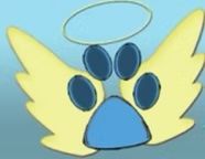Blue paw with yellow wings and halo on a teal background