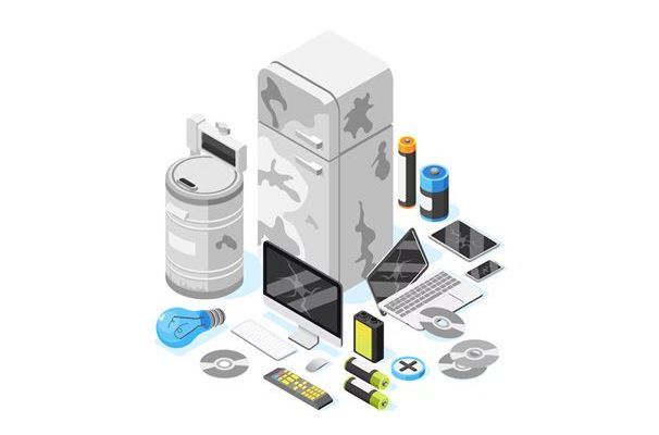 An isometric illustration of a refrigerator surrounded by electronic devices.